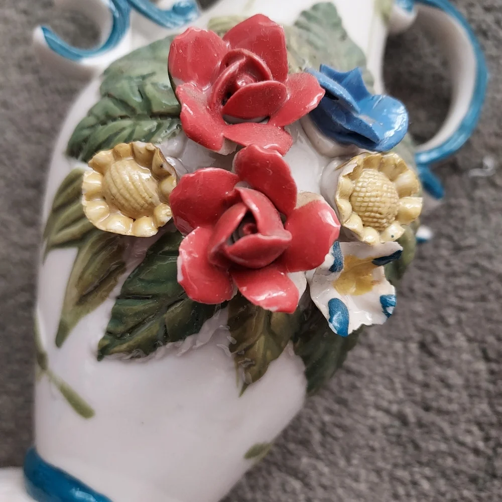 Victorian Style Floral Ceramic Vase with Blue Accents Grandmacore Cottagecore